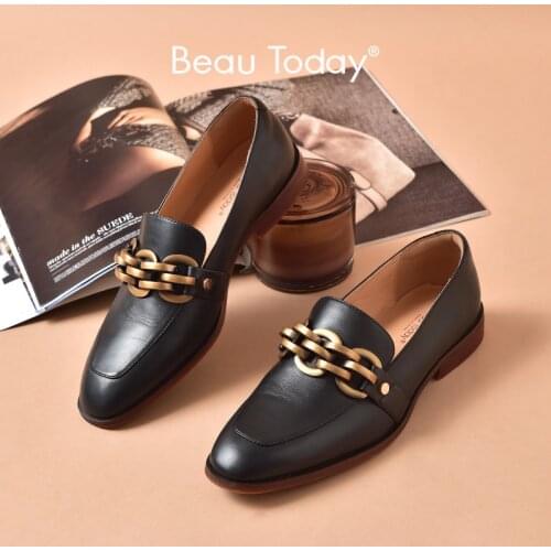 BeauToday Casual Loafers Women Genuine Cow Leather Square Toe Flats Metal Chain Slip On Ladies Shoes Handmade 27483