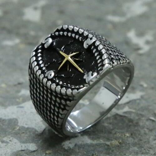 Vintage Mens Viking Nordic Gold Compass Ring Vintage 316L Stainless Steel Bump Punk Biker Ring Male Gothic Accessories Jewelry