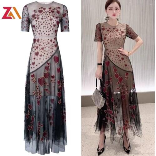 ZALady designer party evening maxi dresses for women vintage mesh love embroidery summer woman clothes traf dress femme vestidos