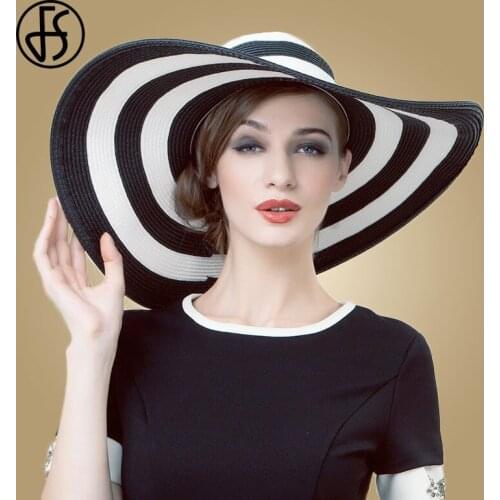 FS Summer Sun Hats For Women Beach Black White Hats Ladies Casual Panama Hat Big Brim Straw Foldable Hat Bowknot Girl Bone Caps