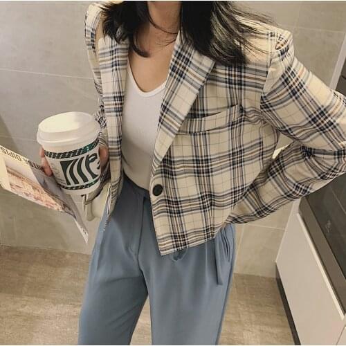 2021 Womens Plaid Checkered Cropped Jackets Blazers Trouser Suits Coat Clothes Spring Female Oversize Office Za Woman Overcoat