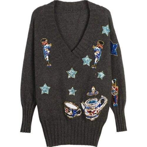 Long Sleeve Luxury Brand Runway Sweater Women Elegant Star Teapot Pattern Soldier Sequins Embroidered Medium-long Pullovers Tops