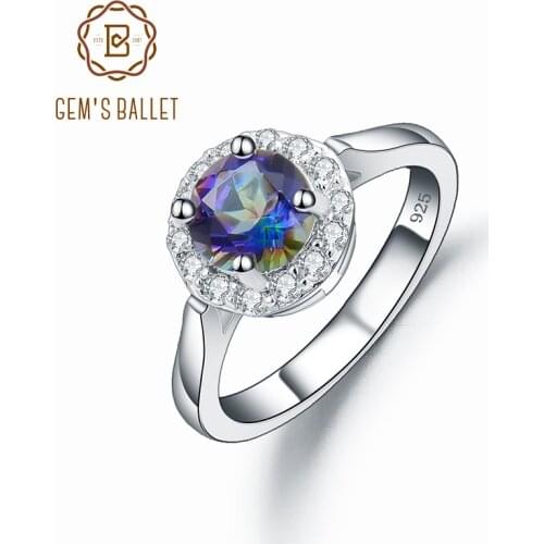 GEMS BALLET Real 925 Sterling Silver Gemstone Halo Ring Natural Green Emerald Mystic Topaz Rings For Women Fine Jewelry