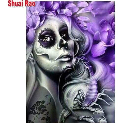 5d diy diamond painting Purpld Flower Skull Girl,daimond embroidery full round mosaic diamond inlaid pattern,Halloween gift