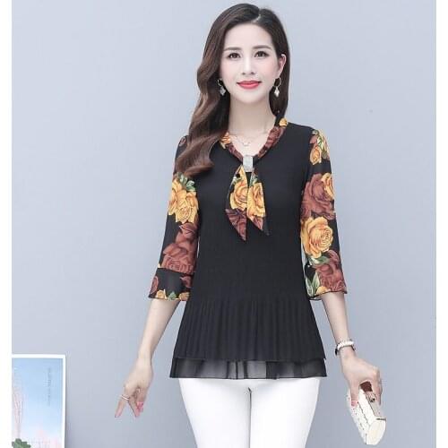 5XL Plus Size Women Blouses 2019 Fashion autumn bow collar 3/4 Sleeve FLORAL Shirt Female Casual tops blusas femininas elegante
