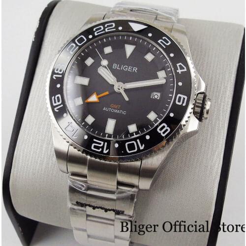 BLIGER Brand New GMT 43mm Men Watch Automatic Movement Rotating Bezel Sapphire Glass Brushed Band