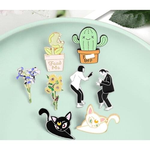 Chomper Rafflesia Cactus Sunflowers Iris Enamel Pins black white Moon Cat Movie Pulp Fiction Brooches Lapel Badge Jewelry Gift