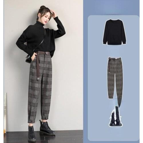 Autumn Winter Womens Plaid Pencil Pants Woolen Straight Trousers Female High Waist Loose Harem Pants Ankle-length Office Lady OL
