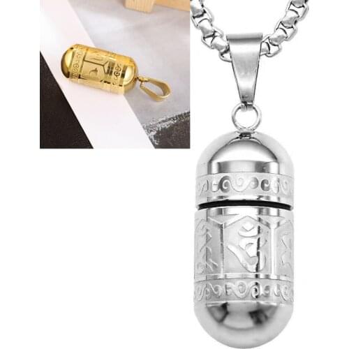 Retro Buddhist Six-Character Mantra Necklace Urns Round Open Pendant for Men Stainless Steel Ashes Memorial Lucky Jewelry