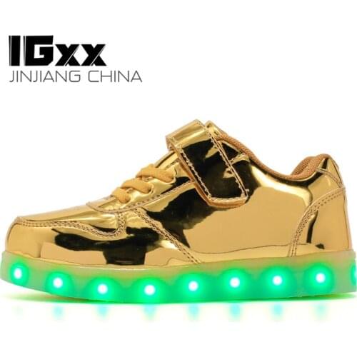 IGxx LED Light Up Shoes LED For Kids Hook&Loop USB Charging Glowing LED Girls Shoes Child Luminous Sneaker PU Toddler Gold