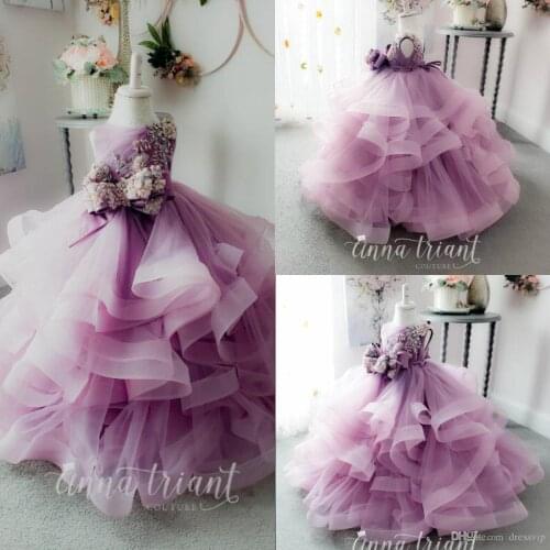 Lace Purple Flower Girl Dresses For Wedding Tiered Skirts Tulle Appliqued Ball Gown Little Girls Pageant Dress Beading First Com