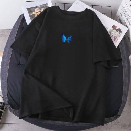 The Blue Butterfly T-shirts For Woman Summer Black O-neck Lady Clothes 2021 New Hip Hop Short Sleeve Polyester Tees K-pop Female