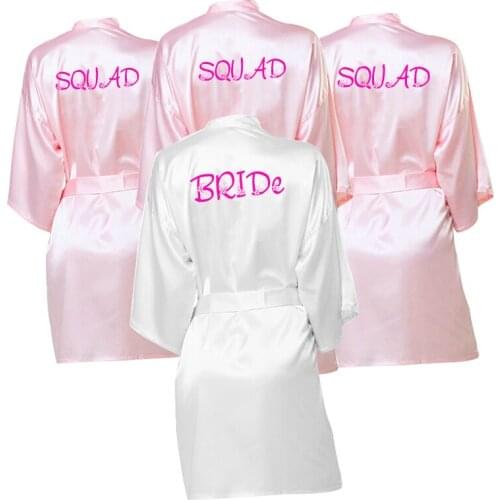 Bachelor Party Bride& Squad Robe Pink Print Kimono Satin Pajamas Robe Custom Robes Wedding Gown 10 colors available Party Robes
