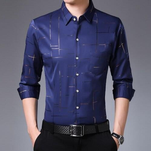 Korean Version of The Young and Middle-aged Spring and Autumn Printed Long-sleeved Shirt Mens Thin Non-iron Business Slim Shirt