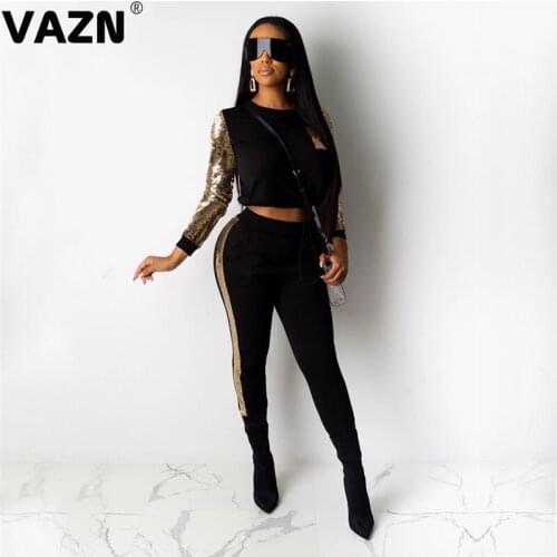 VAZN 2020 Autumn Hot List High-end Solid Sexy Young Elegant High Waist Full Sleeve Group Long Pants Skinny Women 2 Piece Set