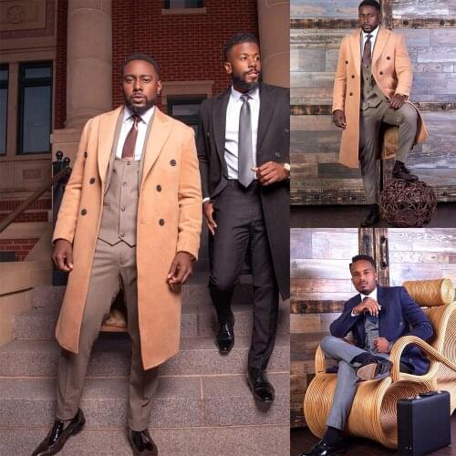 Mens Woolen Coat Winter Solid Double-Breasted Custom Made Long Jacket Casual Daily Handsome Warm High Quality Overcoat