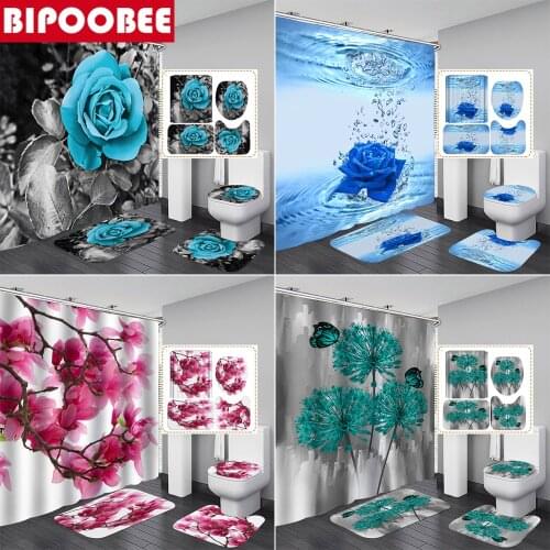 Rose Bathroom Non-slip Mat Sets Butterfly Flower Fabric Shower Curtain Set Bath Mats Rugs Bathtub Curtains with Hooks Home Decor