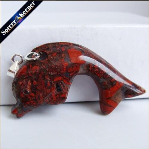 Natural Stone Red River Stone Carving Dolphin Amulet Pendant Free Necklace Fish Fashion Animal Blessing Lucky Jewelry JS704