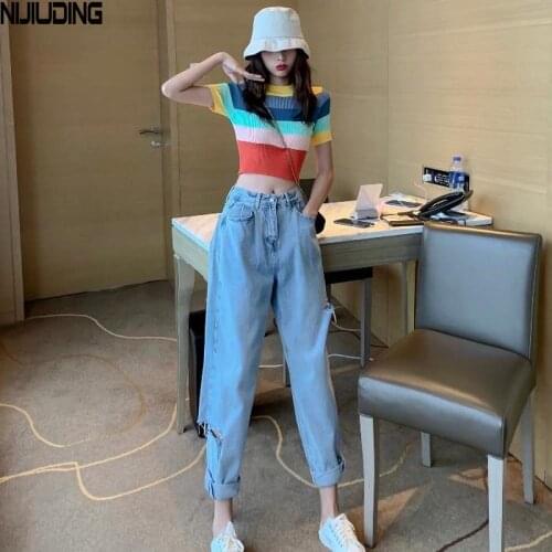 NIJIUDING Jeans for Women 2020 Spring New Solid High Waist Loose Ankle Length Hole Demin Pants Rainbow Short Knitted Tops Female