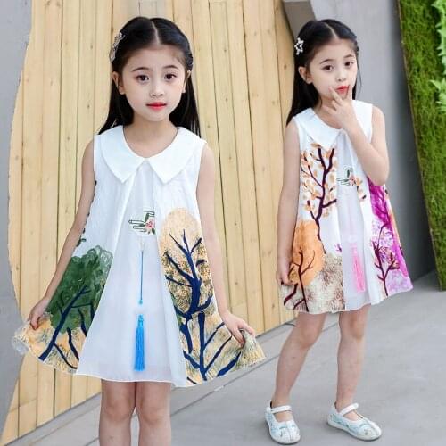 Landscape Painting Girls Dresses 2020 Summer Peter Pan Collar Kids Girl in Red Dress Oil Painting Girls Cloths 4 10 to 12 Year