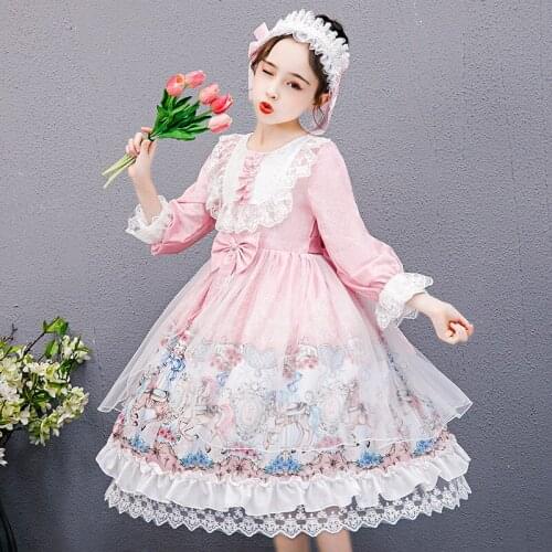 Sweet Lolita Dress For Girls Puff Sleeve Butterfly Flower Print Mid Length Ball Gowns Teen Girls Party Dresses Child Lolita Gown