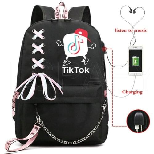 TIK TOK Chain Shoulders Backpack Usb Charge Large capacity Waterproof Nylon Girls College Preppy School Bag Women Back pack Bags