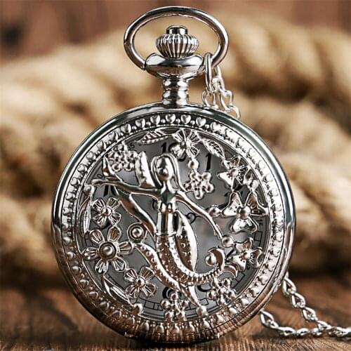 Silver Mermaid Hollow Necklace Quartz Pocket Watch White Dial Arabic Numerals Display Sweater Chain Retro Timepiece Gifts Female