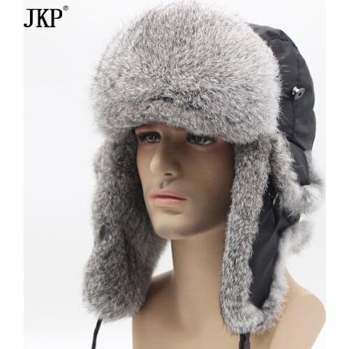 Winter Hat For Men Women Real Rabbit Fur Cap Ear Warm Winter Ski Cap Bomber Unisex Russia Fur Hat High Quality To Keep Warm