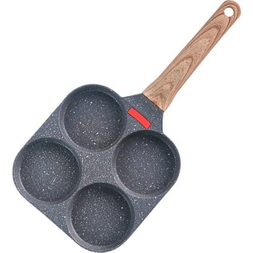 4 Holes Egg Frying Pan Multifunction Hamburger Steak Non Stick Pan Wooden Handle Cooking Pan Cooking Utensils