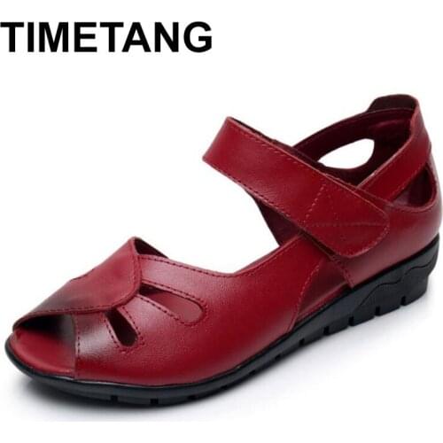 TIMETANG Wholesale & Retail Comfortable Women Summer Sandals New Soft Genuine Leather Sandals Casual Mom Shoes Fashion Sandals
