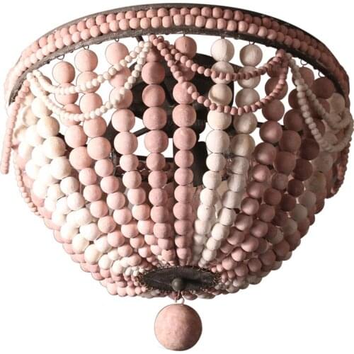 Vintage pink wood bead ceiling lights white/blue antique wooden ceiling lamp for hallway kitchen girls room french light fixture