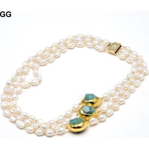 GuaiGuai Jewelry 3 Strands Cultured Keshi Pearl NecklaceNatural Amazonites Gold Color Plated Bracelet Earrings Sets For Women