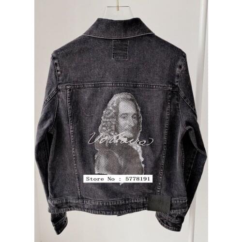 Autumn Vintage Denim Cropped Jacket Long Sleeves Back Women Images Print Chest Pockets Fashion Jeans Coat