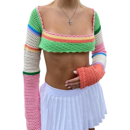 Women Summer T-Shirts Splicing Crochet Square Neck Y2k Women Long Sleeve Crop Top Knit Hollow Out Color Block Pullover Tops 2021