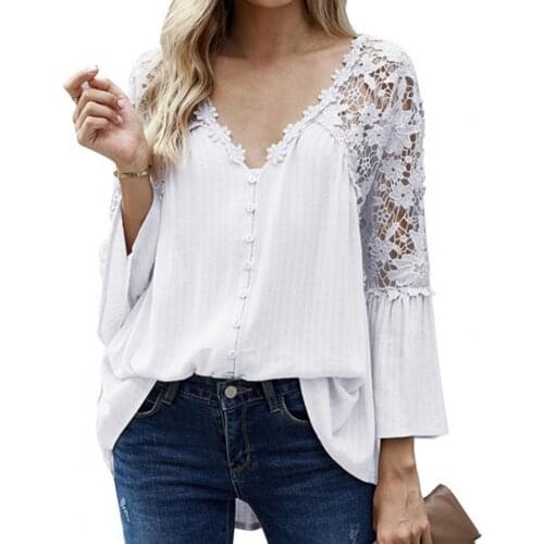 2021 Fashion Women Blouse Solid Color Lace Pullover Flare Sleeve V Neck Top See Through Back Large Hem Shirt for Daily Wear
