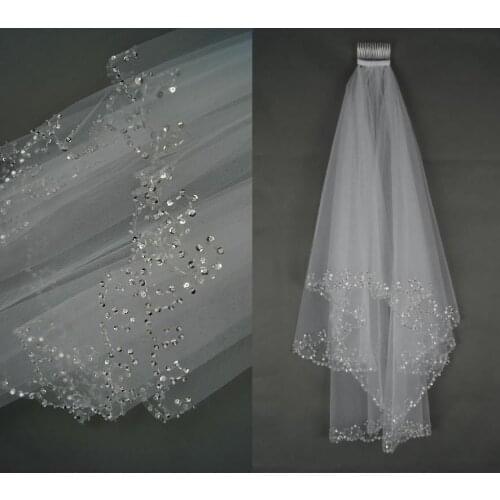 Beautiful 2T White Ivory Sequins Beaded Edge Wedding Bridal Elbow Veil with Comb