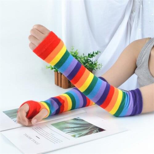 Women Girl Harajuku Elbow Length Fingerless Arm Sleeve Warmer Rainbow Colored Striped Knitted Sunscreen Halloween Costume Gloves
