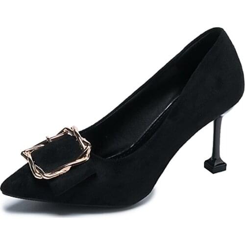 Small fresh square button high heel women 2019 new professional work shoes princess wild fine cat etiquette single shoes