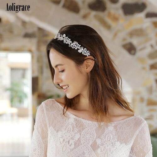 2021 New Aoligrace Pearls Flower Wedding Bride Headband Handmade Crystal Hair Vine Hairband Bridal Hair Accessories for Women