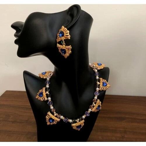 Women Luxury Jewelry Set Retro Blue Rhein Vintage Stud Earring Pendant Choker Charm Lady Wedding Gift Vintage Necklace 2021