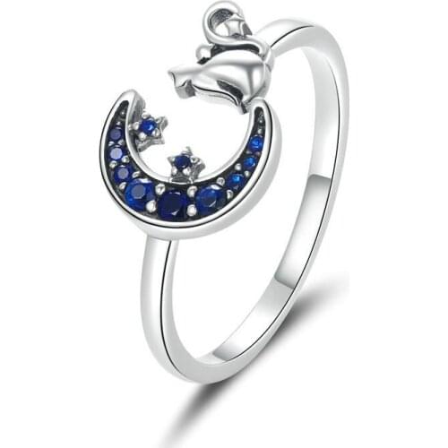 EAMTI New Star and Moon Cat S925 Sterling Silver Ring Female with Zircon and Blue Moon Opening Adjustable Single Ring