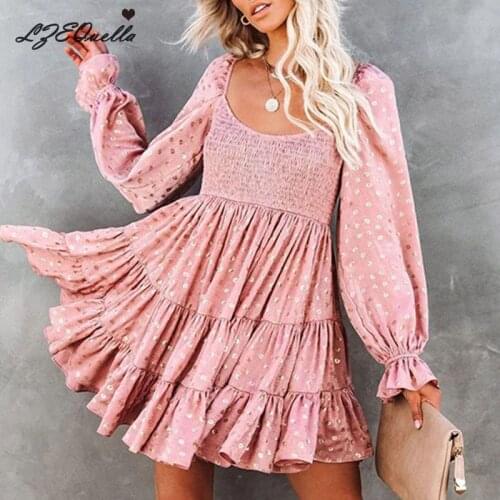 Boho Floral Print A Line Mini Dress Women Long Sleeve O Neck Dresses Casual High Waist Ruffles Pleated Party Vestidos NZ3003