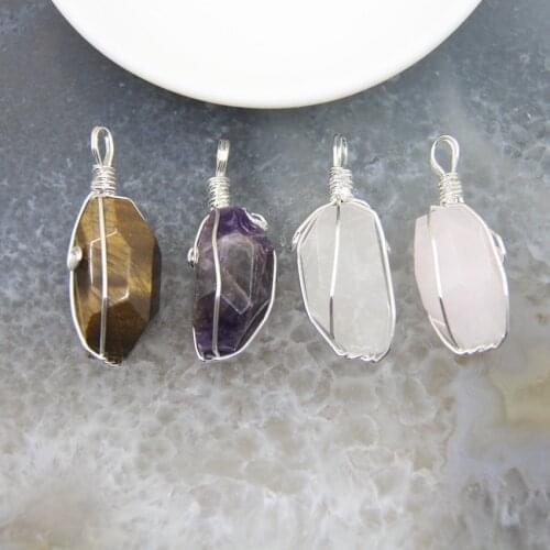 1pcs Natural Tiger Eye/Amethysts Faceted Wire Wrapped Pendant Rose/White Crystal Quartz Nugget Necklace DIY Jewelry Women Gift