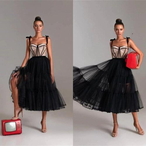 2020 Cheap Cocktail Dresses Spaghetti Tulle Tea Length Prom Party Dress Appliqued Custom Made Homecoming Gowns