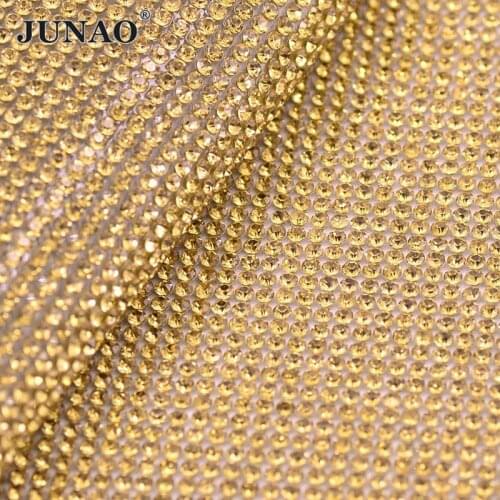 JUNAO 24x40cm Light Topaz Hotfix Glass Rhinestone Mesh Trim Crystal Fabric Sheets Hot Fix Patches Iron On Clothes Applique