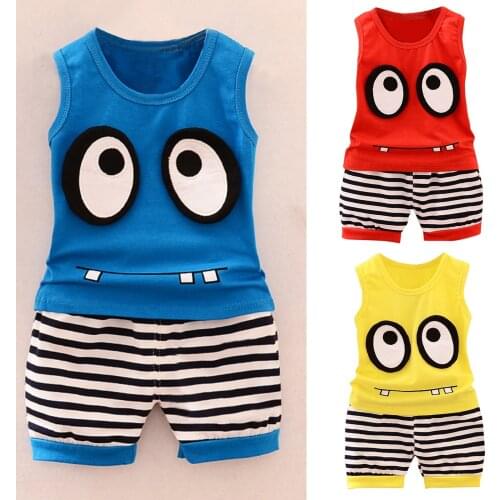Newborn Kids Clothing Baby Kids Boys Girls Sleeveless Cartoon Patterns Vest Tank+striped Shorts Set Infant New Born Clothes