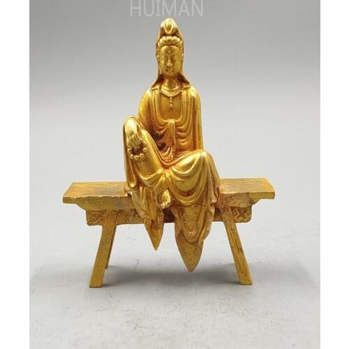 Collection China Gilding Brass Bench Guanyin Buddha Sculpture Metal Crafts Home Decoration