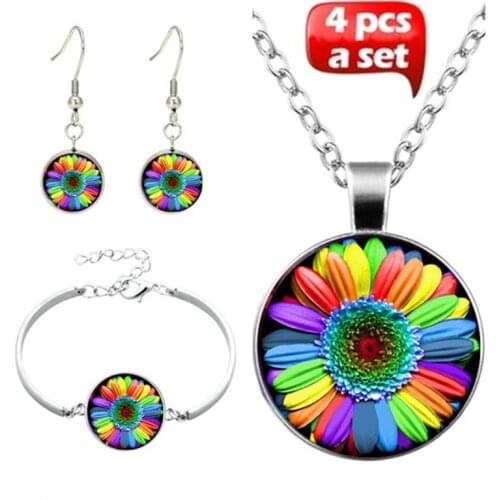 4Pcs/Set Rainbow Flower Photo Glass Jewelry Set Fashion Choker Necklace Bracelet Earring Jewelry Sets for Women Gift Accessories