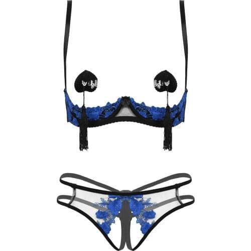 Women Embroidery Lace Lingerie Set Bare Breast Underwired Bra Tops Strappy Crotchless G-string Briefs with Sequin Tassel Panties