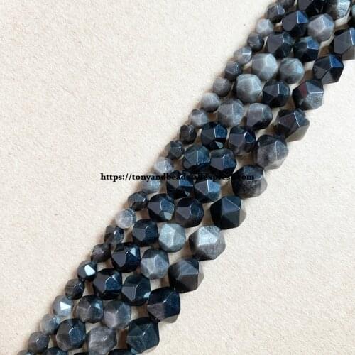 15" Natural Stone Big Cuts Faceted Silvers Obsidian Round Loose Beads 6 8 10 mm Pick Size